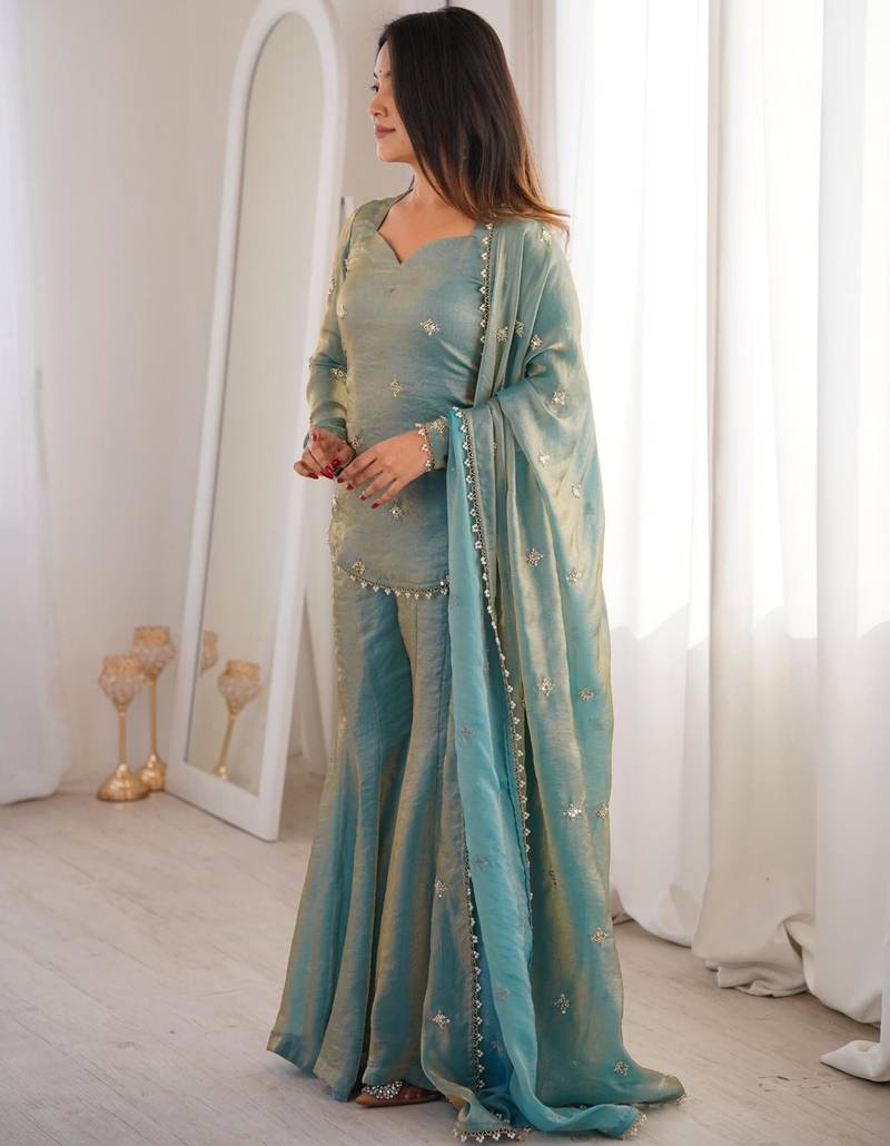 Designer pista green fendy silk embroidered kurta sharara set with dupatta for women
