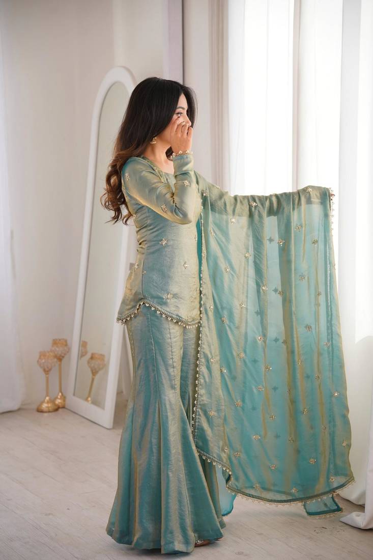 Designer pista green fendy silk embroidered kurta sharara set with dupatta for women
