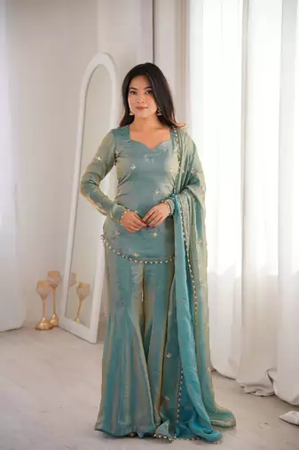 pista green fendy silk blend embroidered kurta sharara set with dupatta