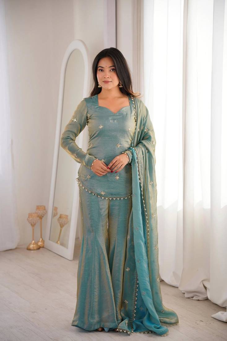 Designer pista green fendy silk embroidered kurta sharara set with dupatta for women