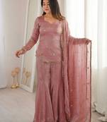 Designer peach fendy silk embroidered sharara suit set with dupatta for women