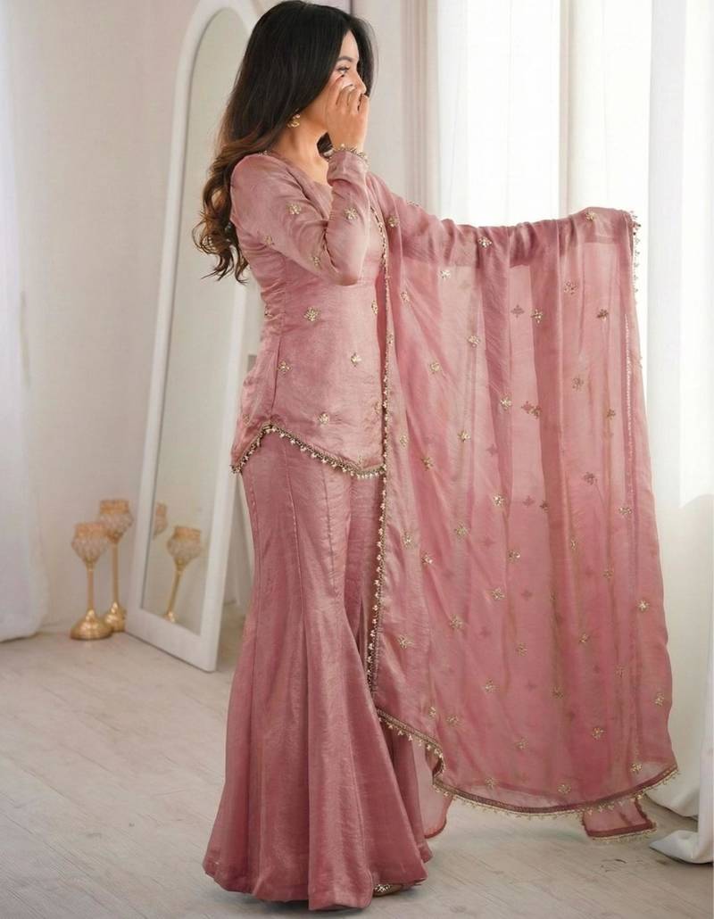 Designer peach fendy silk embroidered sharara suit set with dupatta for women
