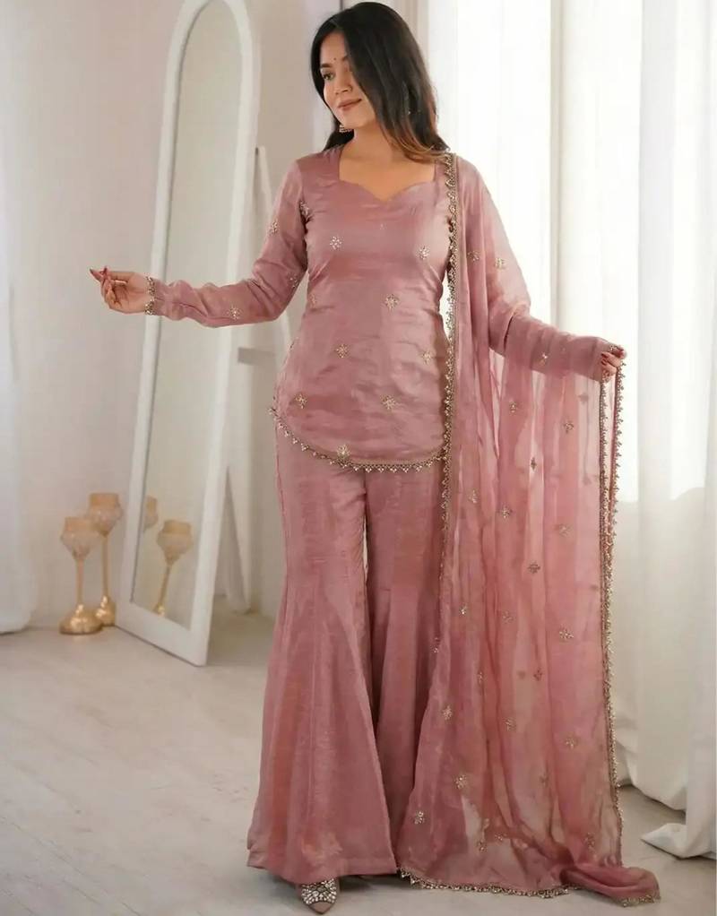 Designer peach fendy silk embroidered sharara suit set with dupatta for women