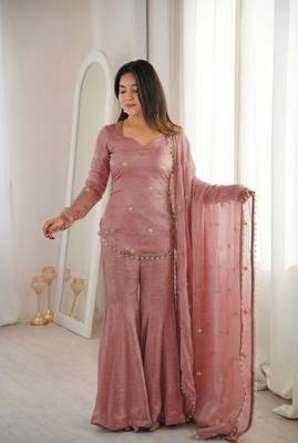 peach fendy silk blend embroidered sharara suit set with dupatta 5
