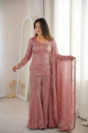 peach fendy silk blend embroidered sharara suit set with dupatta