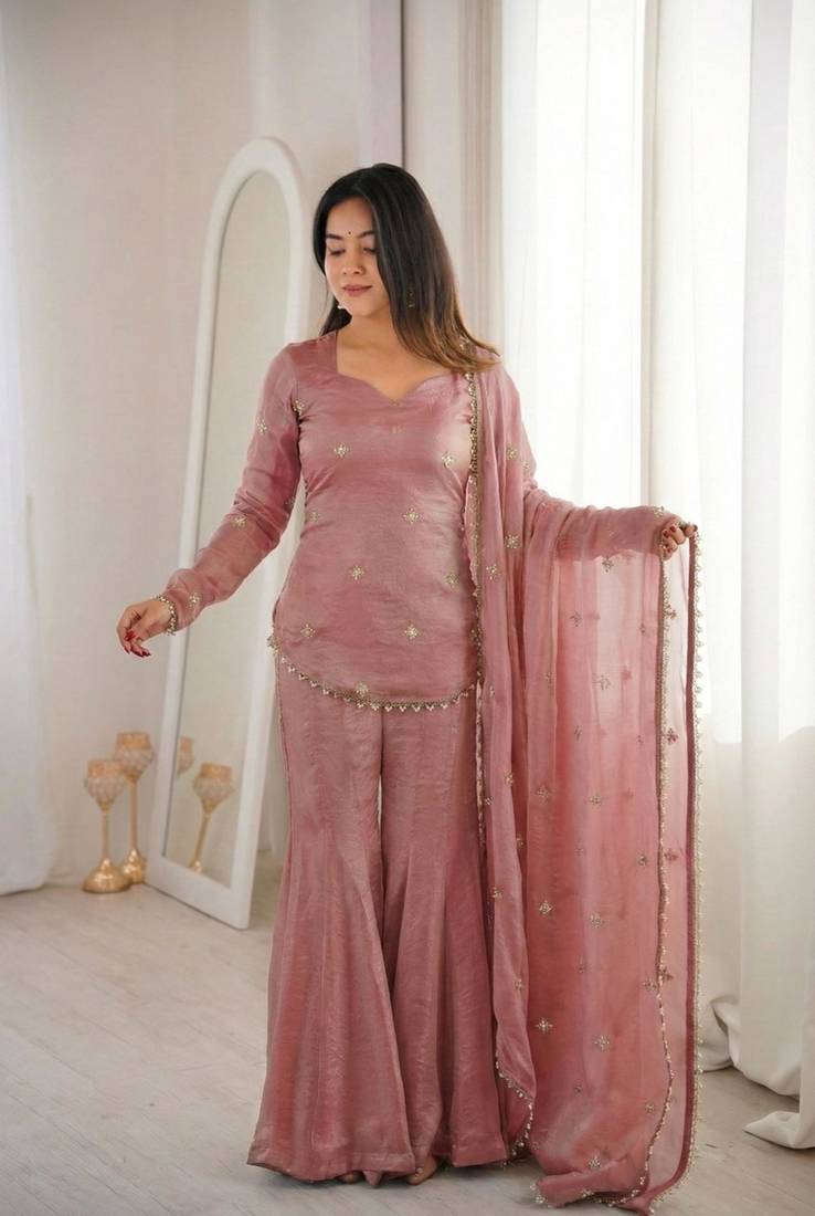 Designer peach fendy silk embroidered sharara suit set with dupatta for women