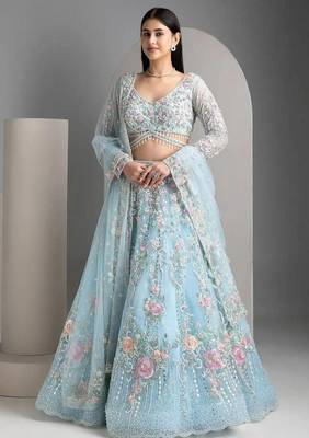 SKY EMBROIDERED ORGANZA NEW LEHENGA CHOLI WITH DUPATTA 1