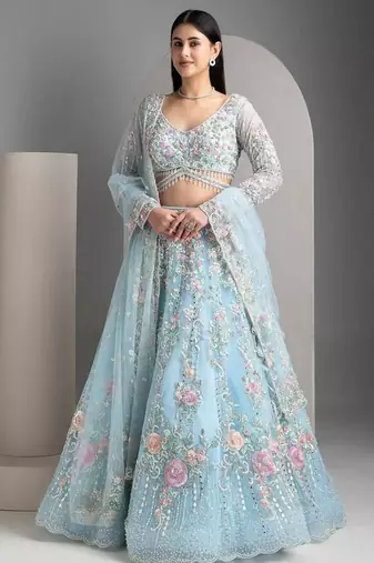 SKY EMBROIDERED ORGANZA NEW LEHENGA CHOLI WITH DUPATTA