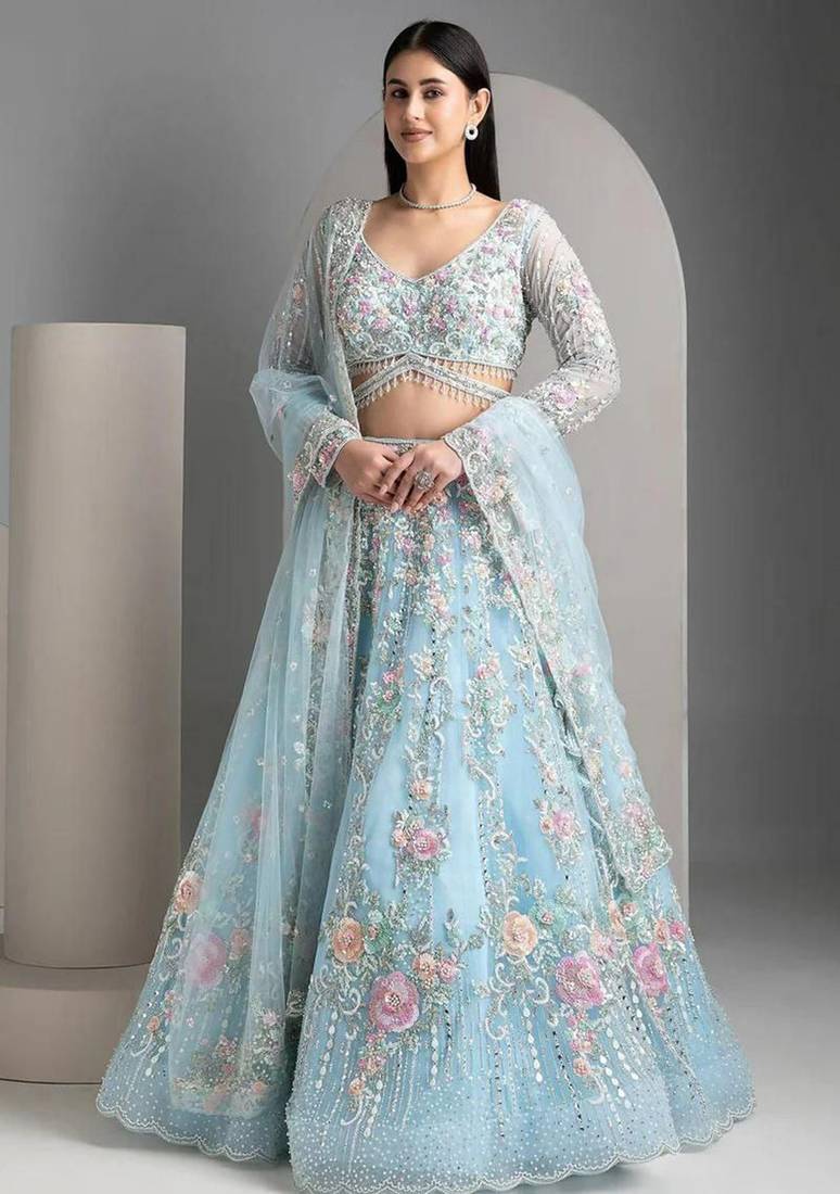 SKY EMBROIDERED ORGANZA NEW LEHENGA CHOLI WITH DUPATTA