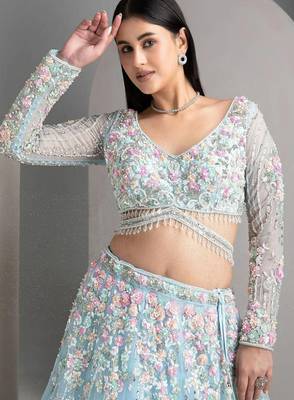 SKY EMBROIDERED ORGANZA NEW LEHENGA CHOLI WITH DUPATTA 2