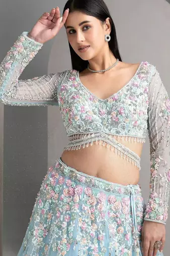 SKY EMBROIDERED ORGANZA NEW LEHENGA CHOLI WITH DUPATTA