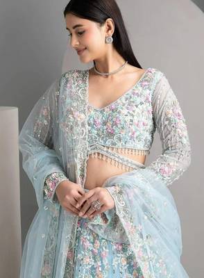 SKY EMBROIDERED ORGANZA NEW LEHENGA CHOLI WITH DUPATTA 3