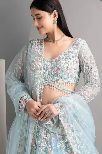 SKY EMBROIDERED ORGANZA NEW LEHENGA CHOLI WITH DUPATTA