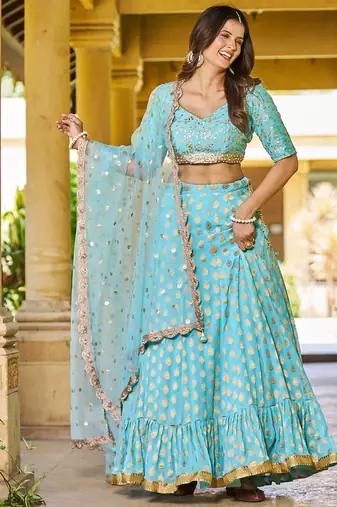 TURQUOISE BANARASI viscose LEHENGA CHOLI WITH DUPATTA