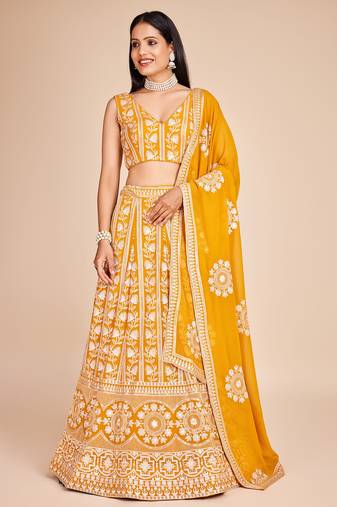 YELLOW EMBROIDERED GEORGETTE STUNNING LEHENGA CHOLI WITH DUPATTA