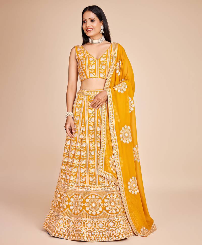YELLOW EMBROIDERED GEORGETTE STUNNING LEHENGA CHOLI WITH DUPATTA