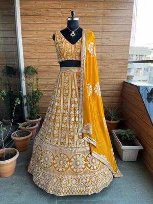 YELLOW EMBROIDERED GEORGETTE STUNNING LEHENGA CHOLI WITH DUPATTA 2