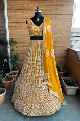 YELLOW EMBROIDERED GEORGETTE STUNNING LEHENGA CHOLI WITH DUPATTA