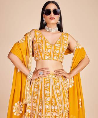 YELLOW EMBROIDERED GEORGETTE STUNNING LEHENGA CHOLI WITH DUPATTA 4