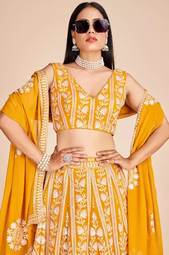 YELLOW EMBROIDERED GEORGETTE STUNNING LEHENGA CHOLI WITH DUPATTA