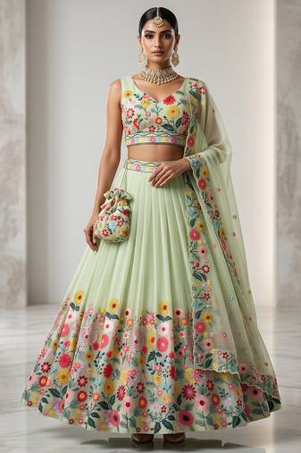 PISTA EMBROIDERED ORGANZA FASHION LEHENGA CHOLI WITH DUPATTA