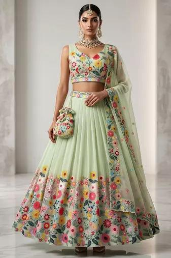 PISTA EMBROIDERED ORGANZA FASHION LEHENGA CHOLI WITH DUPATTA