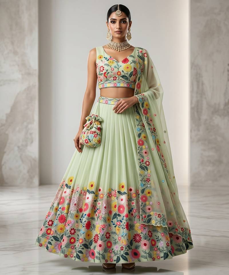 PISTA EMBROIDERED ORGANZA FASHION LEHENGA CHOLI WITH DUPATTA