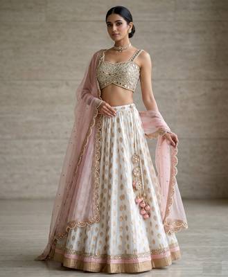 WHITE BANARASI viscose LEHENGA CHOLI WITH DUPATTA 1