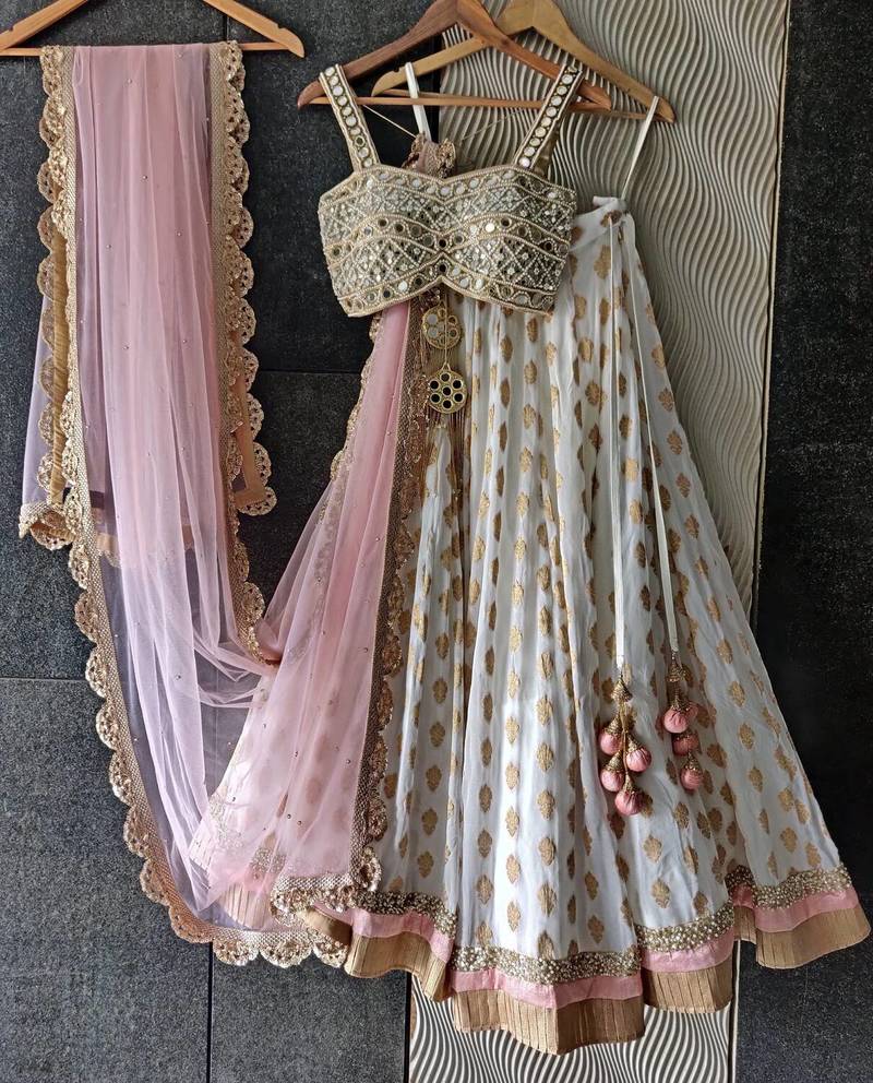 WHITE BANARASI viscose LEHENGA CHOLI WITH DUPATTA