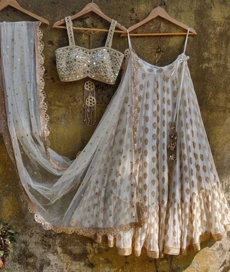WHITE BANARASI viscose LEHENGA CHOLI WITH DUPATTA