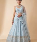 SKYBLUE EMBROIDERED GEORGETTE FLAIRED LEHENGA CHOLI WITH DUPATTA
