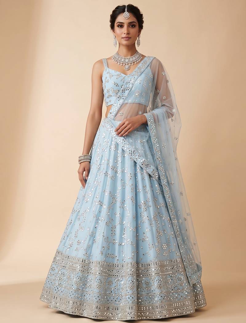 SKYBLUE EMBROIDERED GEORGETTE FLAIRED LEHENGA CHOLI WITH DUPATTA