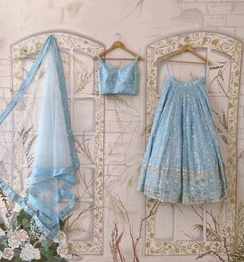 SKYBLUE EMBROIDERED GEORGETTE FLAIRED LEHENGA CHOLI WITH DUPATTA 2