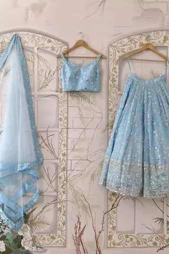 SKYBLUE EMBROIDERED GEORGETTE FLAIRED LEHENGA CHOLI WITH DUPATTA