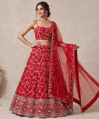RED EMBROIDERED GEORGETTE FLAIRED LEHENGA CHOLI WITH DUPATTA 1