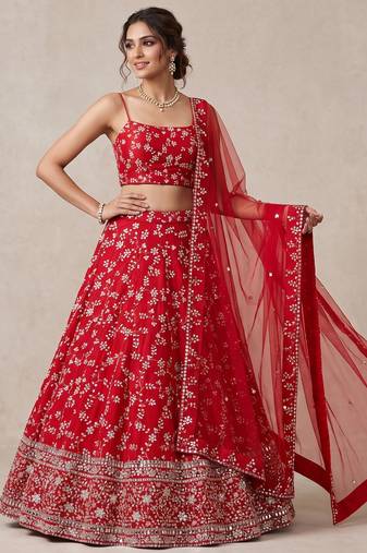 RED EMBROIDERED GEORGETTE FLAIRED LEHENGA CHOLI WITH DUPATTA