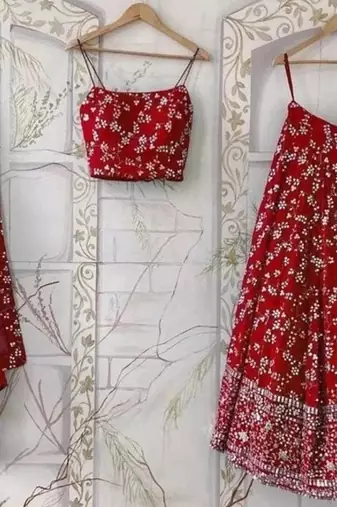 RED EMBROIDERED GEORGETTE FLAIRED LEHENGA CHOLI WITH DUPATTA