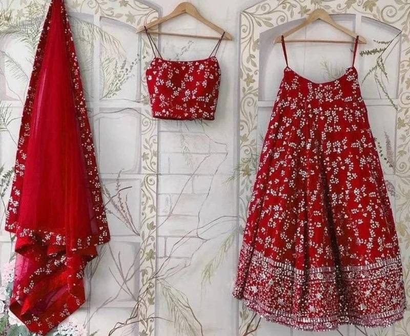 RED EMBROIDERED GEORGETTE FLAIRED LEHENGA CHOLI WITH DUPATTA