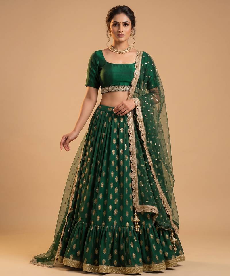 GREEN BANARASI viscose LEHENGA CHOLI WITH DUPATTA