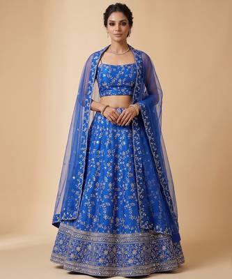 ROYAL BLUE EMBROIDERED GEORGETTE FLAIRED LEHENGA CHOLI WITH DUPATTA 1