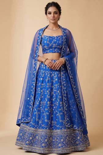 ROYAL BLUE EMBROIDERED GEORGETTE FLAIRED LEHENGA CHOLI WITH DUPATTA