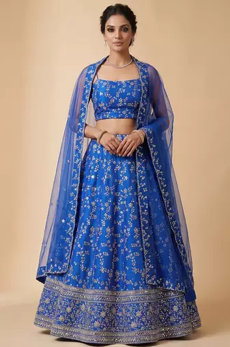 ROYAL BLUE EMBROIDERED GEORGETTE FLAIRED LEHENGA CHOLI WITH DUPATTA