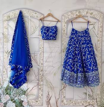 ROYAL BLUE EMBROIDERED GEORGETTE FLAIRED LEHENGA CHOLI WITH DUPATTA 2