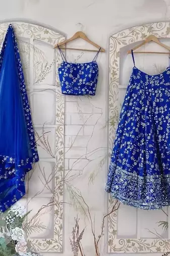 ROYAL BLUE EMBROIDERED GEORGETTE FLAIRED LEHENGA CHOLI WITH DUPATTA