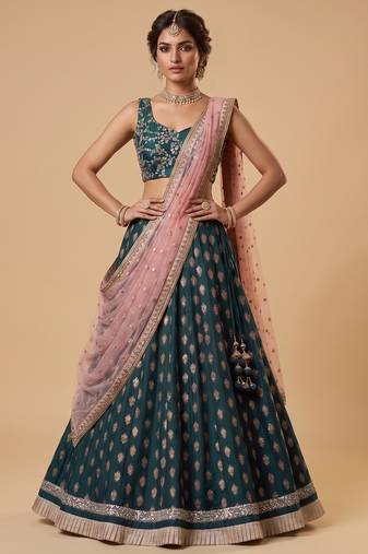 TEAL-BLUE BANARASI viscose LEHENGA CHOLI WITH DUPATTA