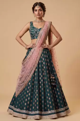 TEAL-BLUE BANARASI viscose LEHENGA CHOLI WITH DUPATTA