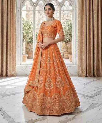 ORANGE EMBROIDERED GEORGETTE HIT LEHENGA CHOLI WITH DUPATTA 1