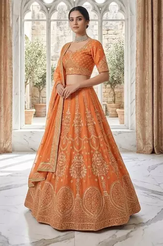 ORANGE EMBROIDERED GEORGETTE HIT LEHENGA CHOLI WITH DUPATTA