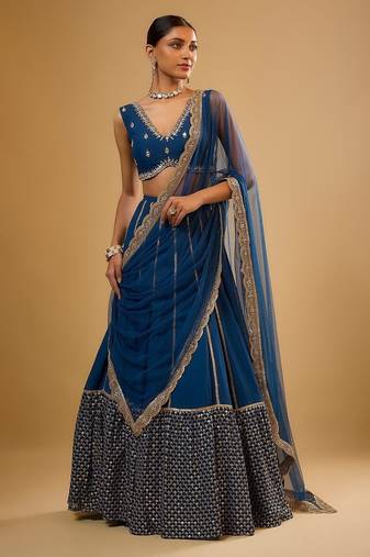 BLUE EMBROIDERED GEORGETTE STUNNING LEHENGA CHOLI WITH DUPATTA