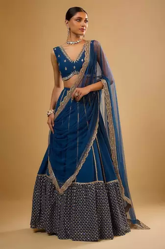 BLUE EMBROIDERED GEORGETTE STUNNING LEHENGA CHOLI WITH DUPATTA